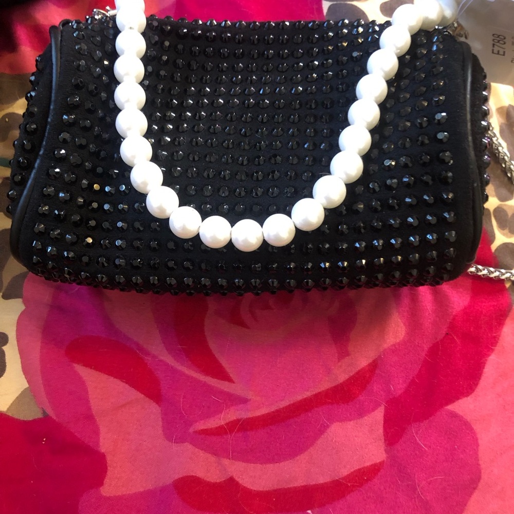 Chic Black Beaded Clutch with Pearl Handle BY SASHA NEW YORK